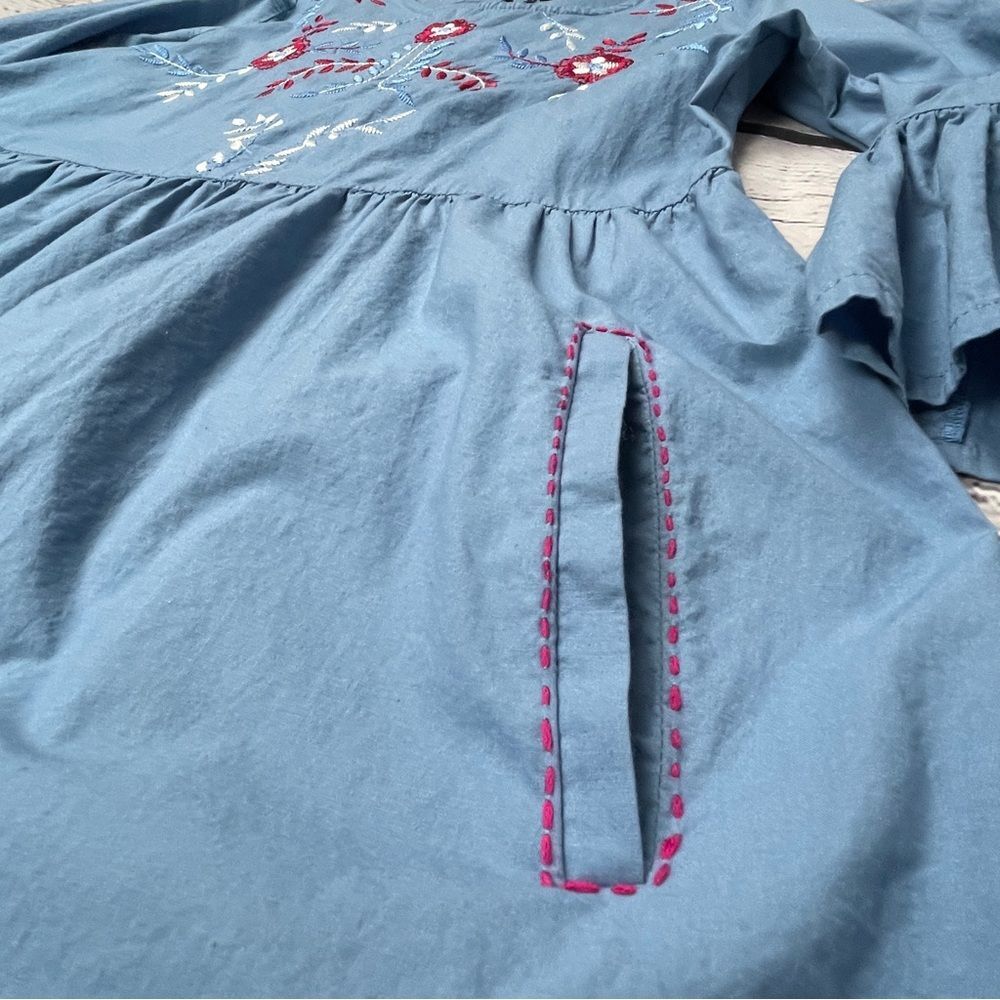 MYX Fusionwear blue boho embroidered cotton dress bell sleeves pockets, size L - Picture 6 of 14